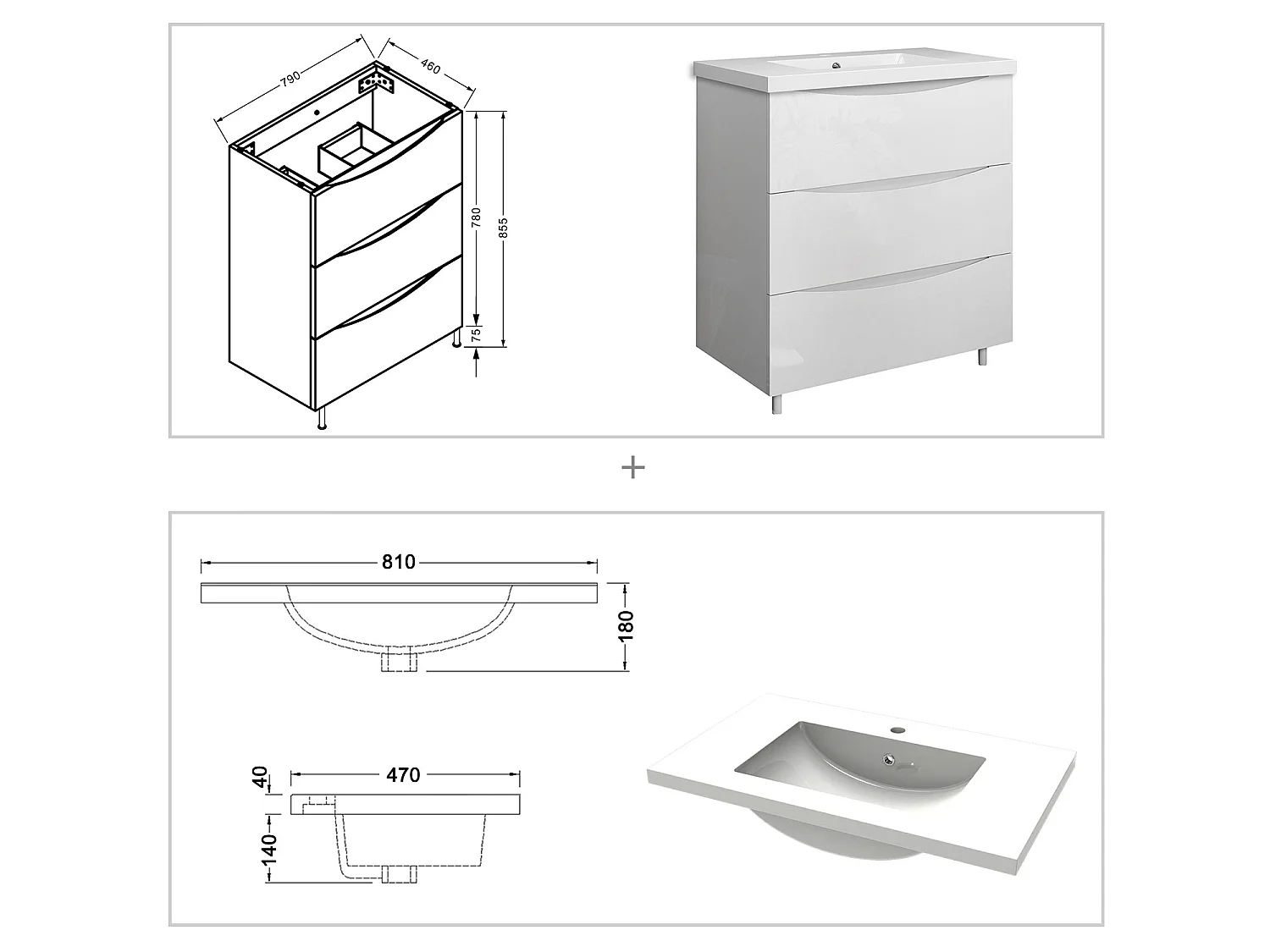 Meuble de salle de bain Brillant, Meuble de sol 80cm avec simple vasque + 3 tiroirs, Blanc