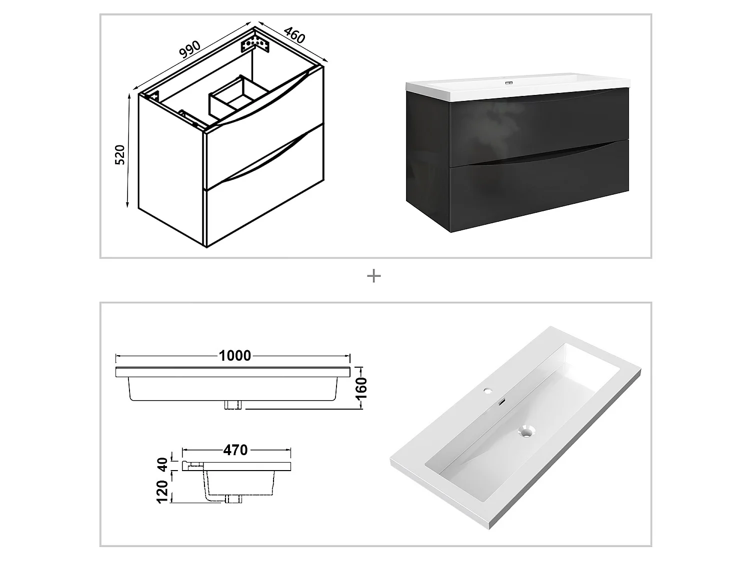 Meuble de salle de bain suspendu Brillant 100cm avec simple lavabo + 2 tiroirs, Anthracite