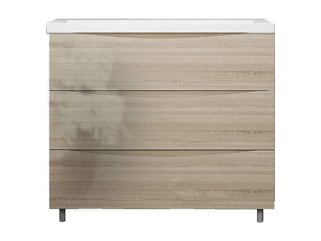 Meuble de salle de bain Brillant, Meuble de sol 100cm avec simple vasque + 3 tiroirs, Chêne