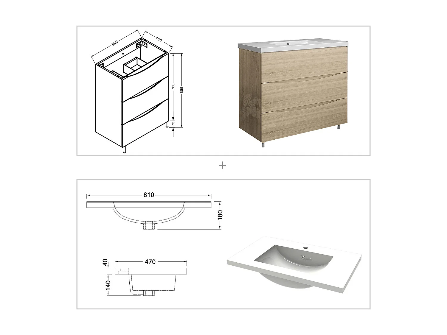 Meuble de salle de bain Brillant, Meuble de sol 100cm avec simple vasque + 3 tiroirs, Chêne