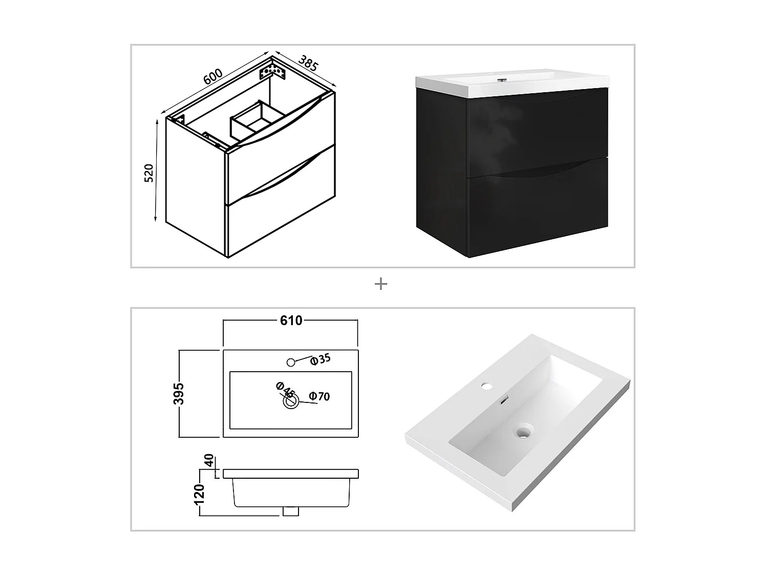 Meuble de salle de bain suspendu Brillant 60cm avec simple lavabo + 2 tiroirs, Noir