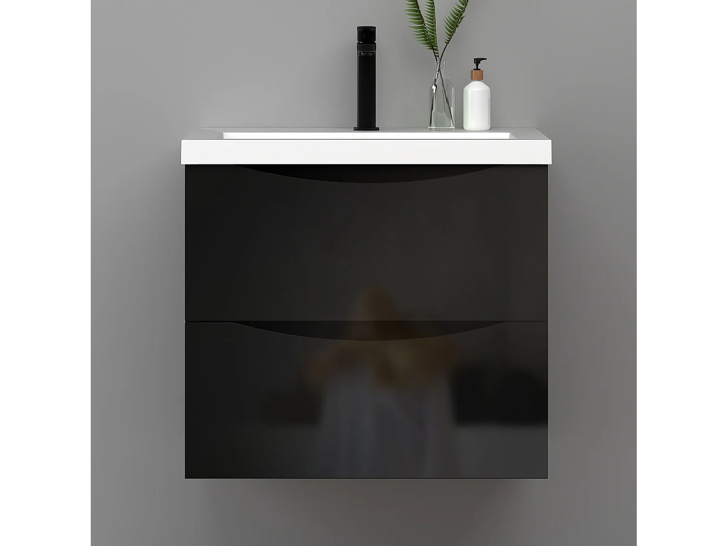 Meuble de salle de bain suspendu Brillant 60cm avec simple lavabo + 2 tiroirs, Noir