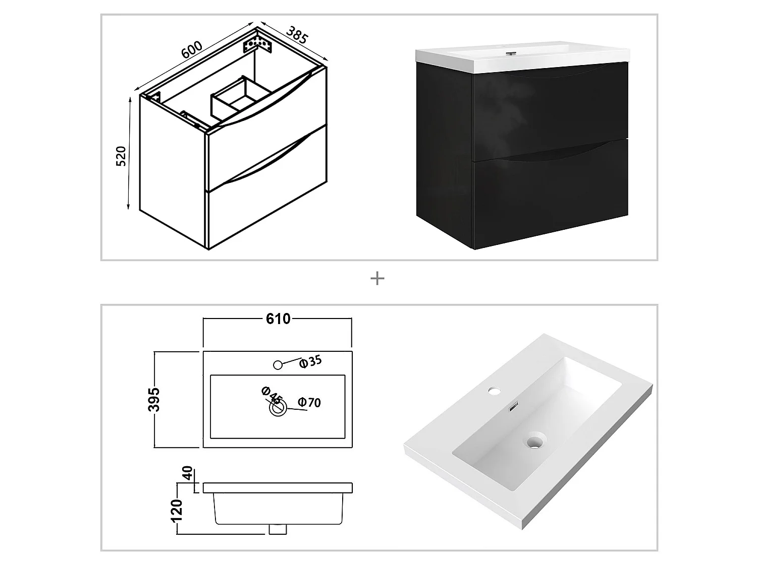 Meuble de salle de bain suspendu Brillant 60cm avec simple lavabo + 2 tiroirs, Noir