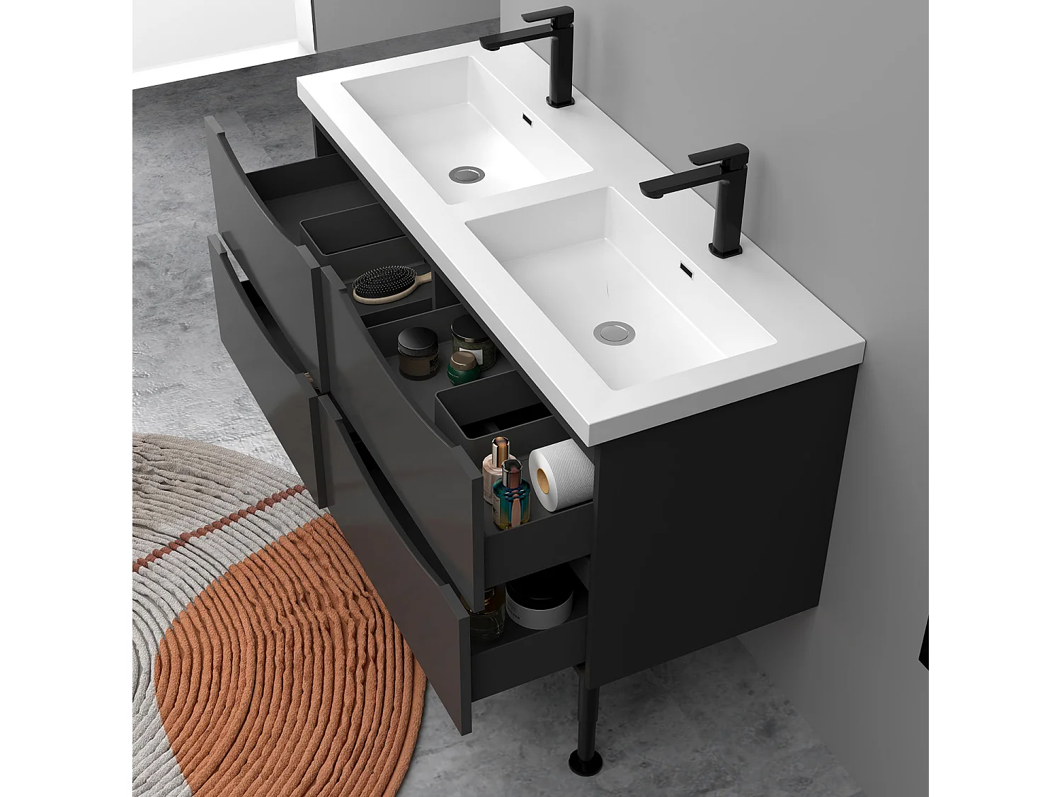 Meuble de salle de bain Brillant, Meuble de sol 120cm avec simple lavabo + 4 tiroirs, Anthracite