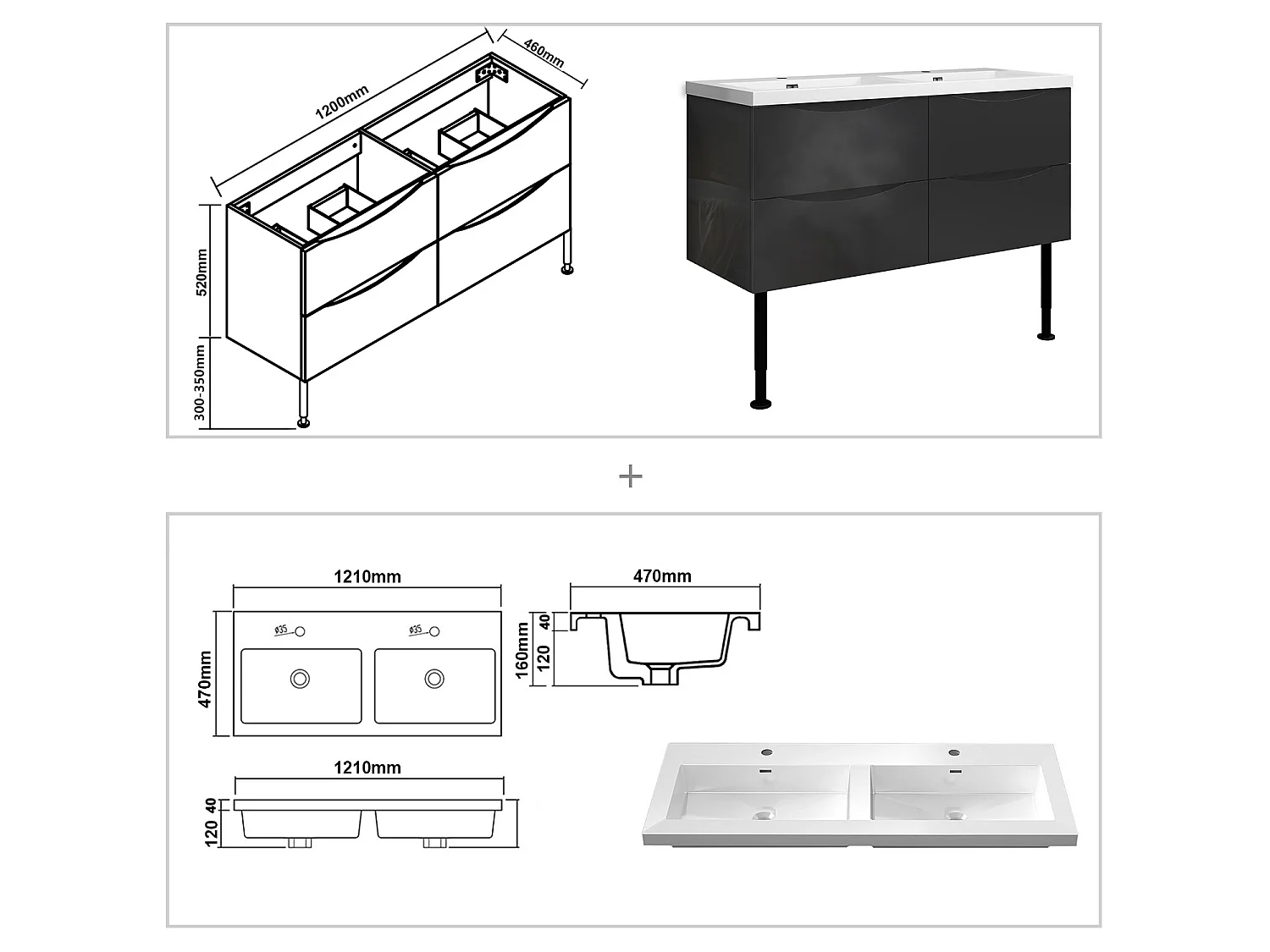 Meuble de salle de bain Brillant, Meuble de sol 120cm avec simple lavabo + 4 tiroirs, Anthracite