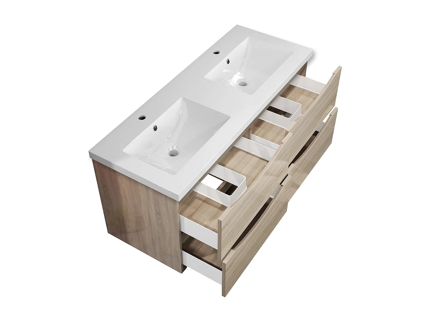 Meuble de salle de bain suspendu Brillant 120cm avec simple vasque + 4 tiroirs, Chêne