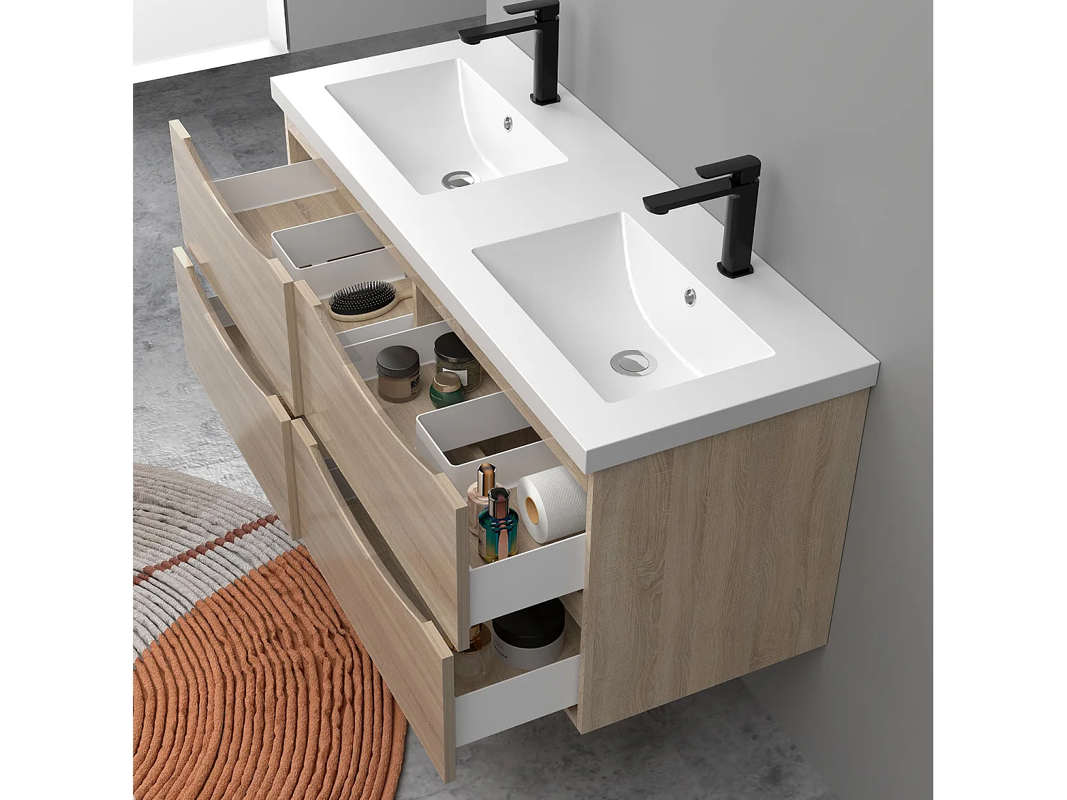 Meuble de salle de bain suspendu Brillant 120cm avec simple vasque + 4 tiroirs, Chêne