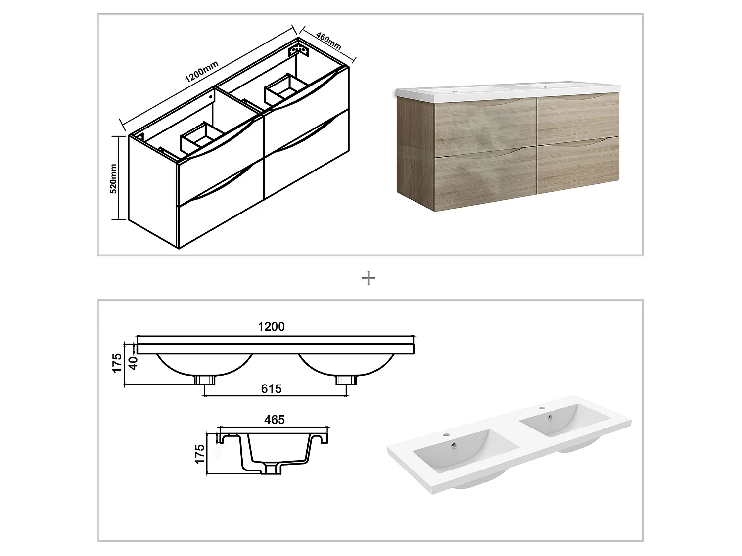 Meuble de salle de bain suspendu Brillant 120cm avec simple vasque + 4 tiroirs, Chêne