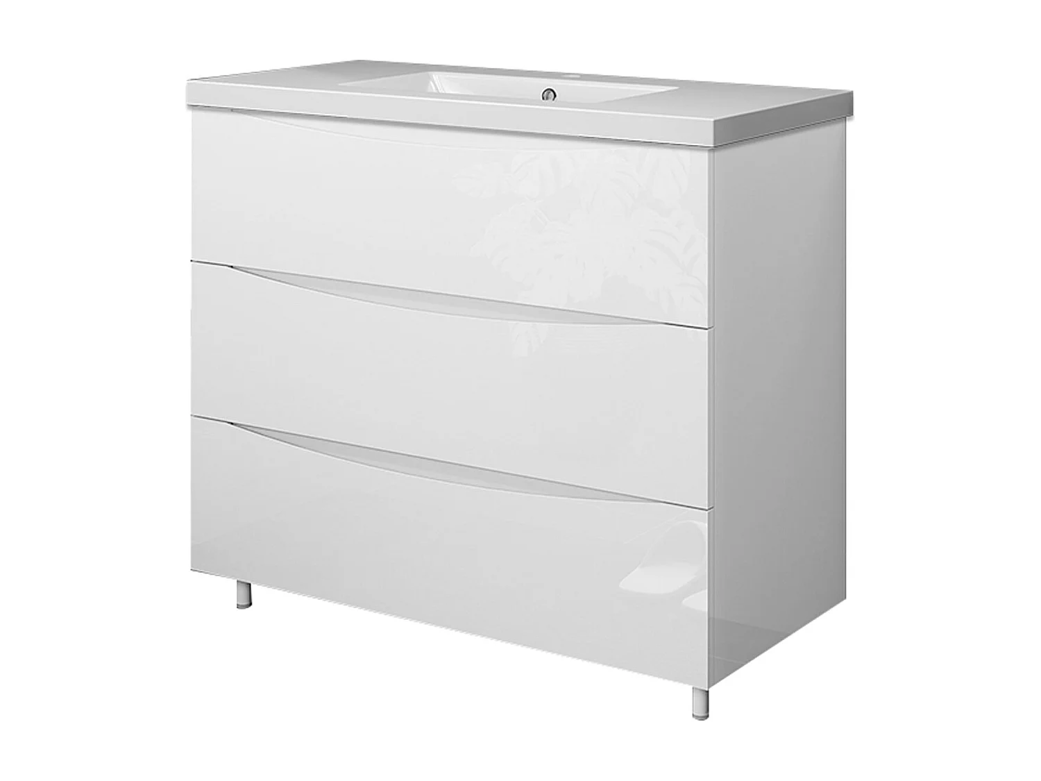 Meuble de salle de bain Brillant, Meuble de sol 100cm avec simple vasque + 3 tiroirs, Blanc