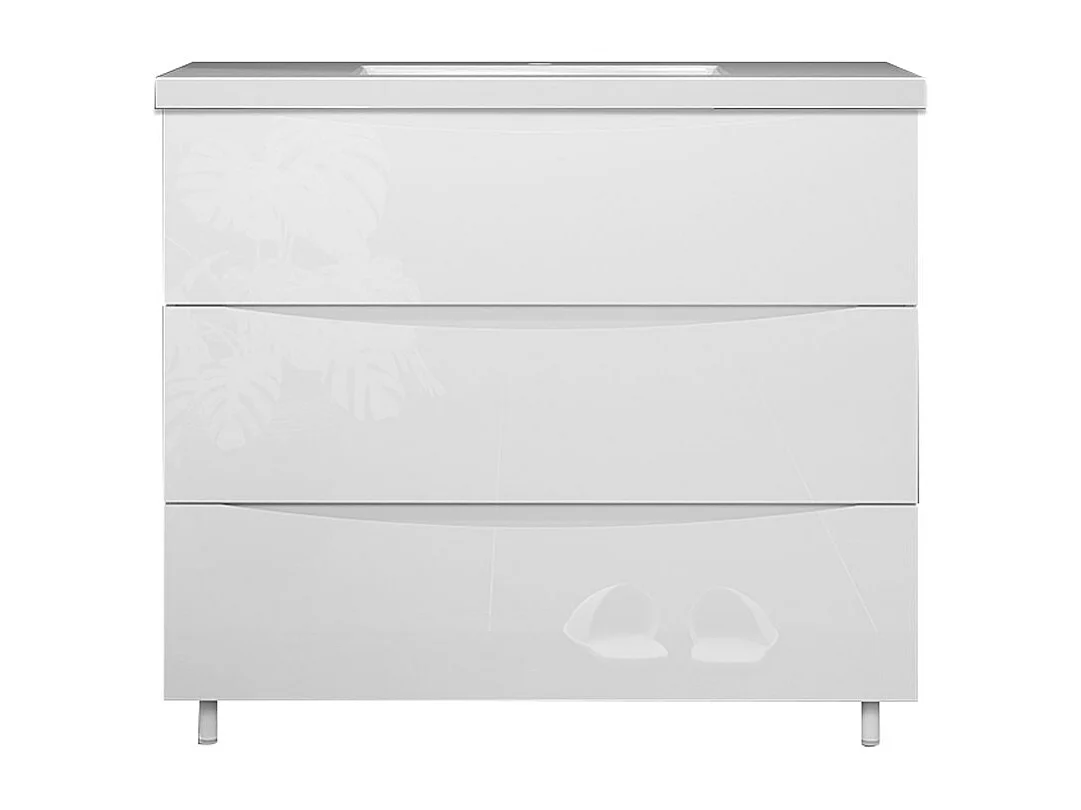 Meuble de salle de bain Brillant, Meuble de sol 100cm avec simple vasque + 3 tiroirs, Blanc