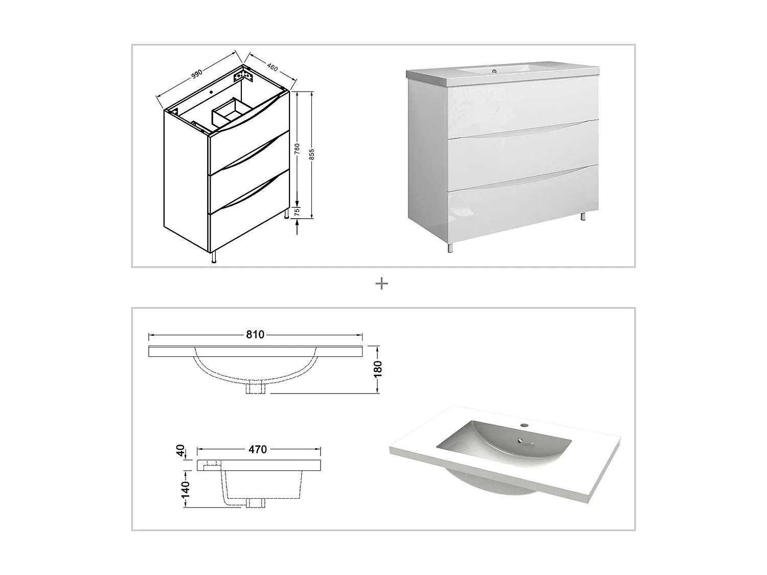 Meuble de salle de bain Brillant, Meuble de sol 100cm avec simple vasque + 3 tiroirs, Blanc