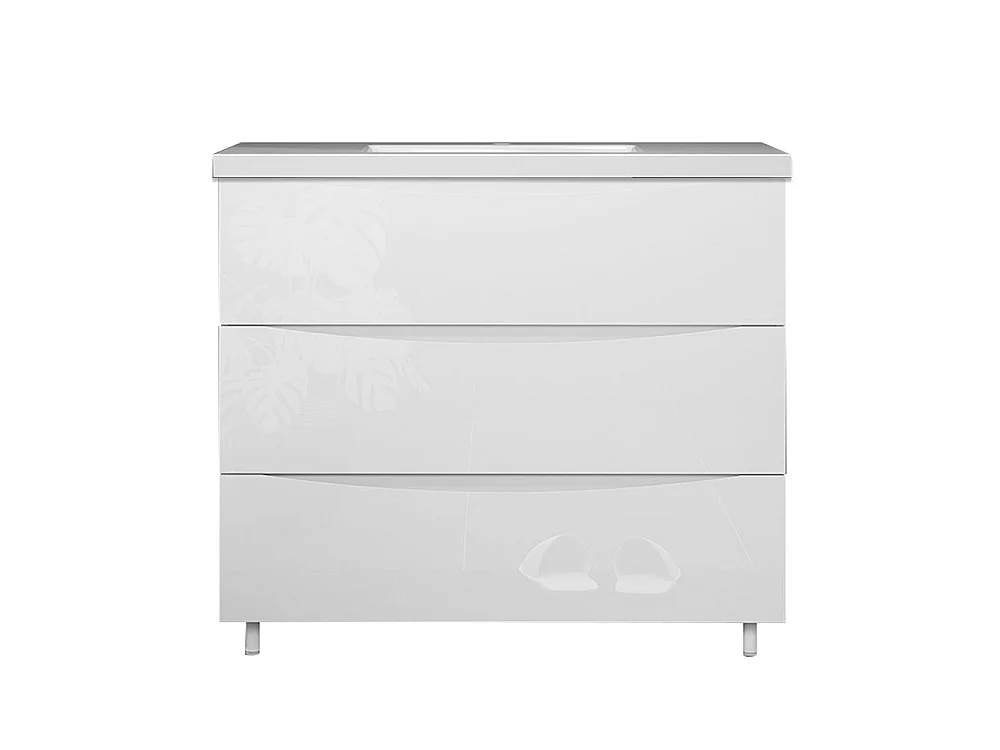 Meuble de salle de bain Brillant, Meuble de sol 100cm avec simple vasque + 3 tiroirs, Blanc
