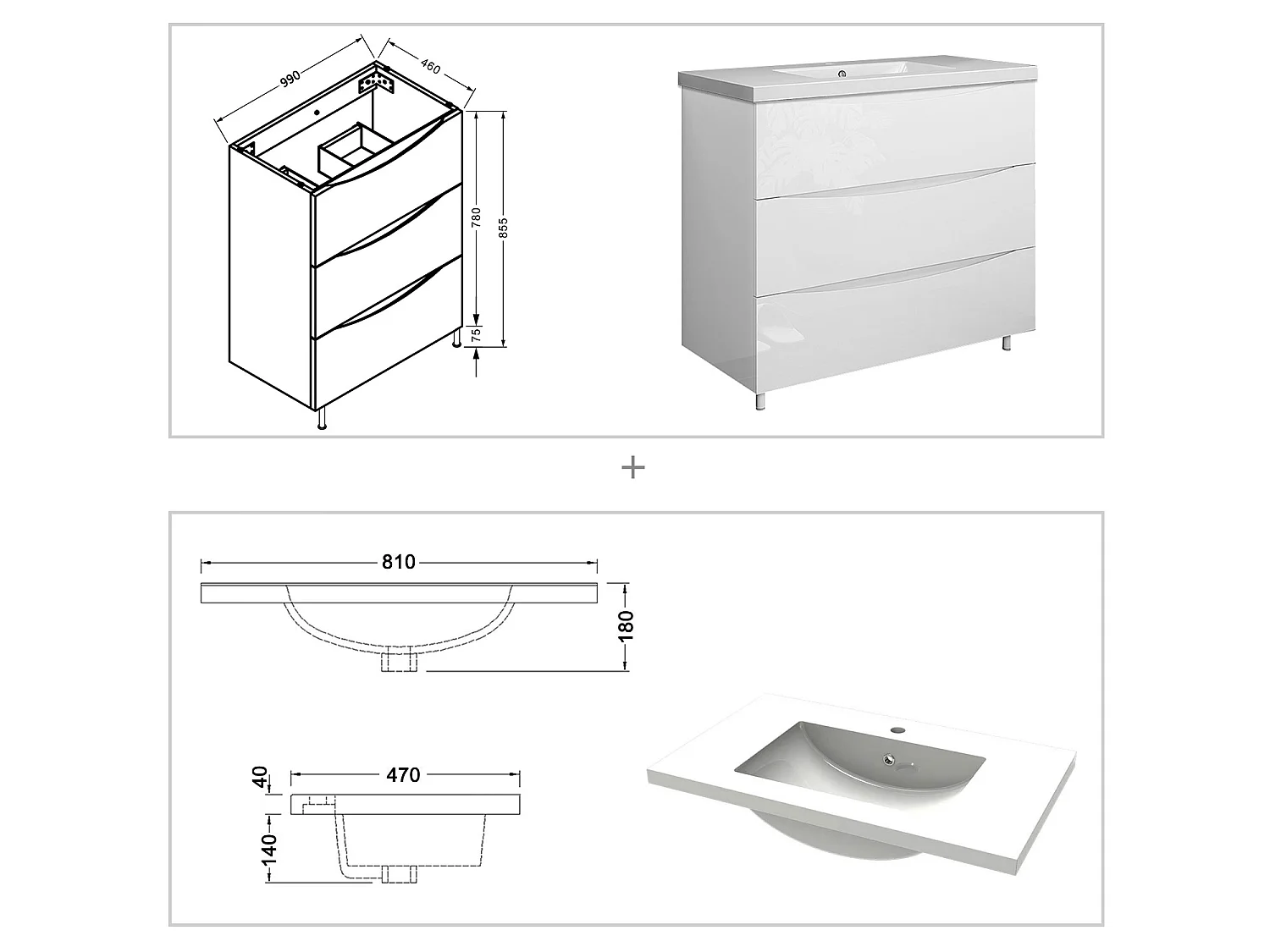 Meuble de salle de bain Brillant, Meuble de sol 100cm avec simple vasque + 3 tiroirs, Blanc