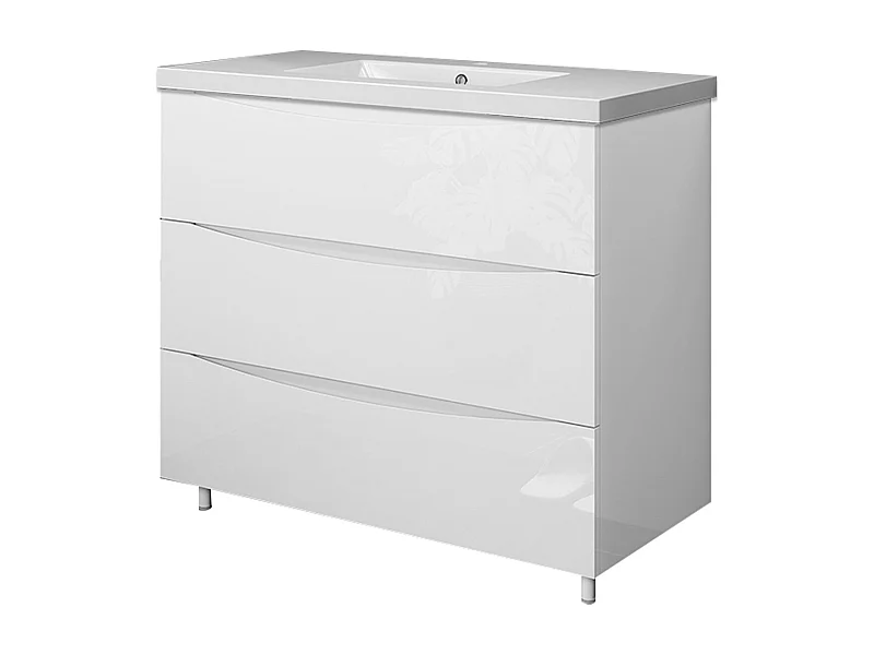 Meuble de salle de bain Brillant, Meuble de sol 100cm avec simple vasque + 3 tiroirs, Blanc