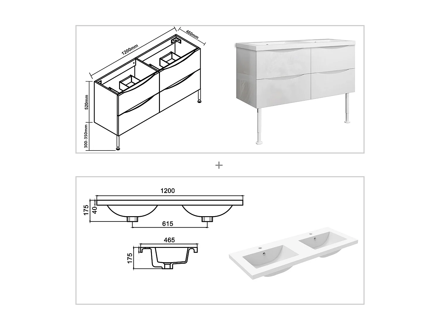 Meuble de salle de bain Brillant, Meuble de sol 120cm avec simple vasque + 4 tiroirs, Blanc