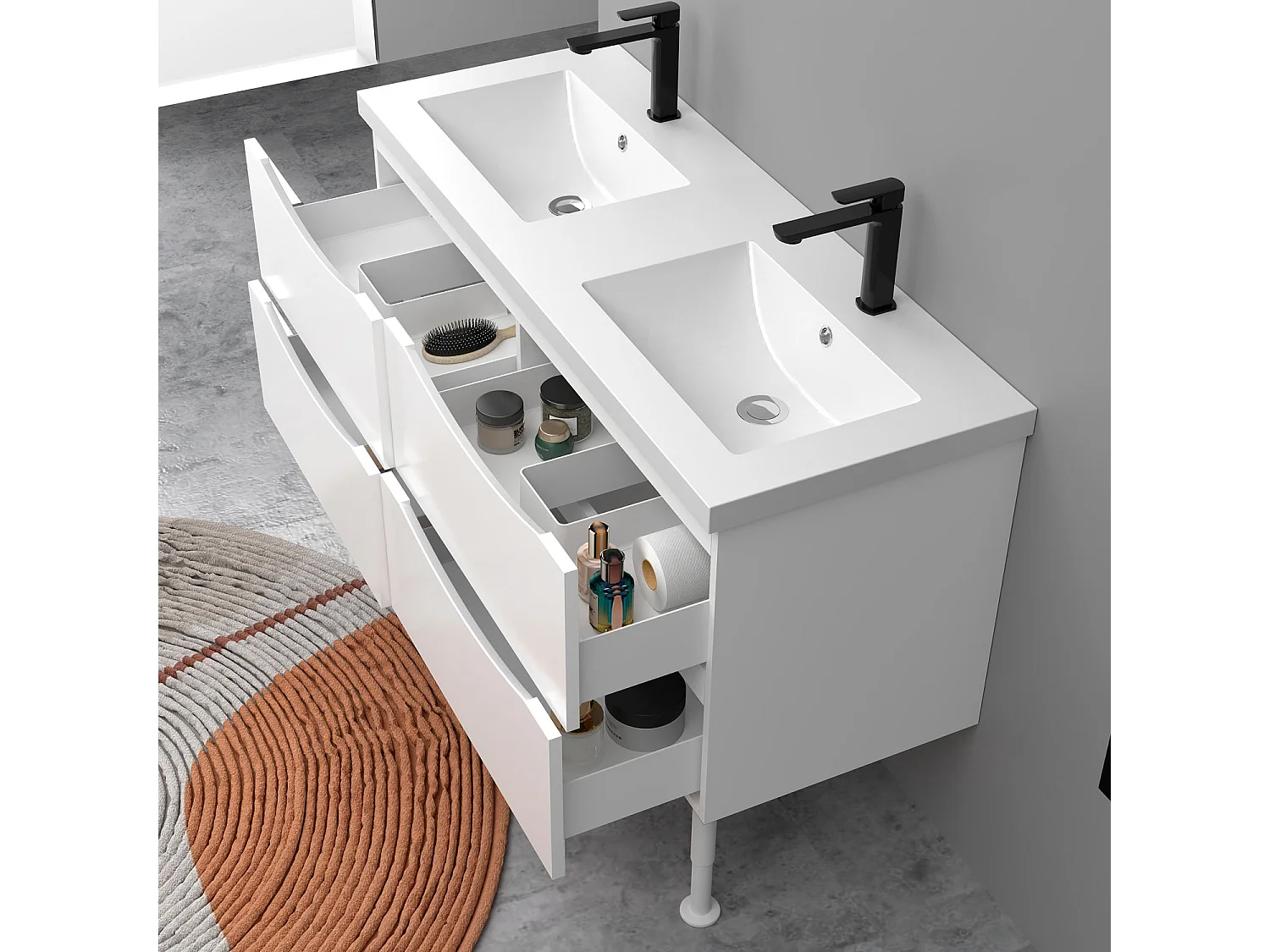 Meuble de salle de bain Brillant, Meuble de sol 120cm avec simple vasque + 4 tiroirs, Blanc