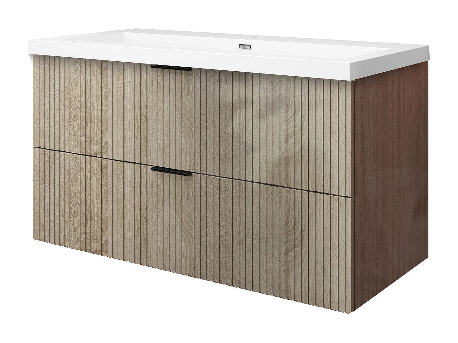 Meuble de salle de bain suspendu Strié Brillant 100cm avec simple lavabo + 2 tiroirs, Chêne