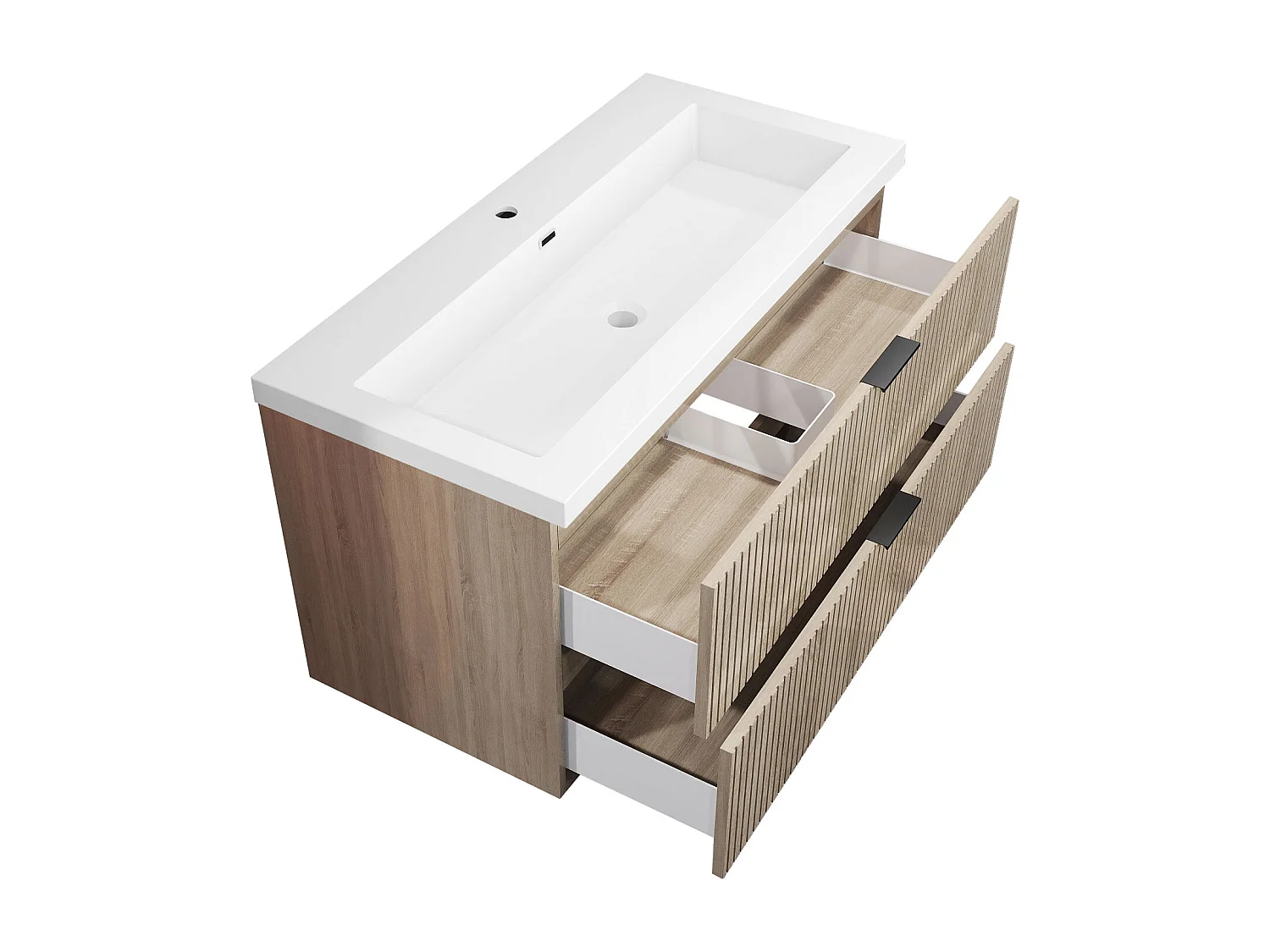 Meuble de salle de bain suspendu Strié Brillant 100cm avec simple lavabo + 2 tiroirs, Chêne