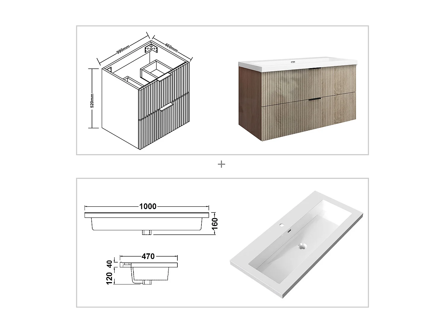 Meuble de salle de bain suspendu Strié Brillant 100cm avec simple lavabo + 2 tiroirs, Chêne