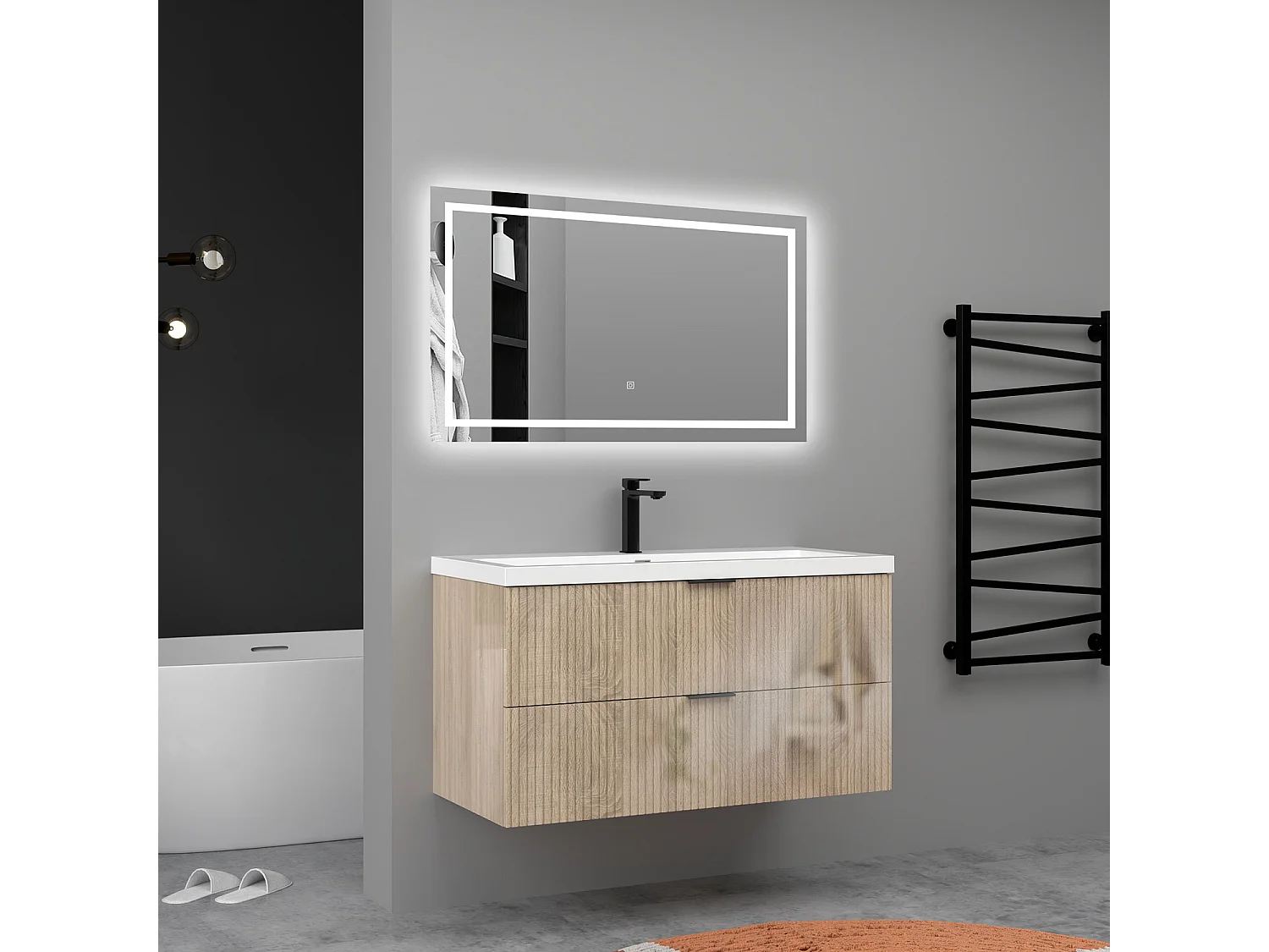 Meuble de salle de bain suspendu Strié Brillant 100cm avec simple lavabo + 2 tiroirs, Chêne