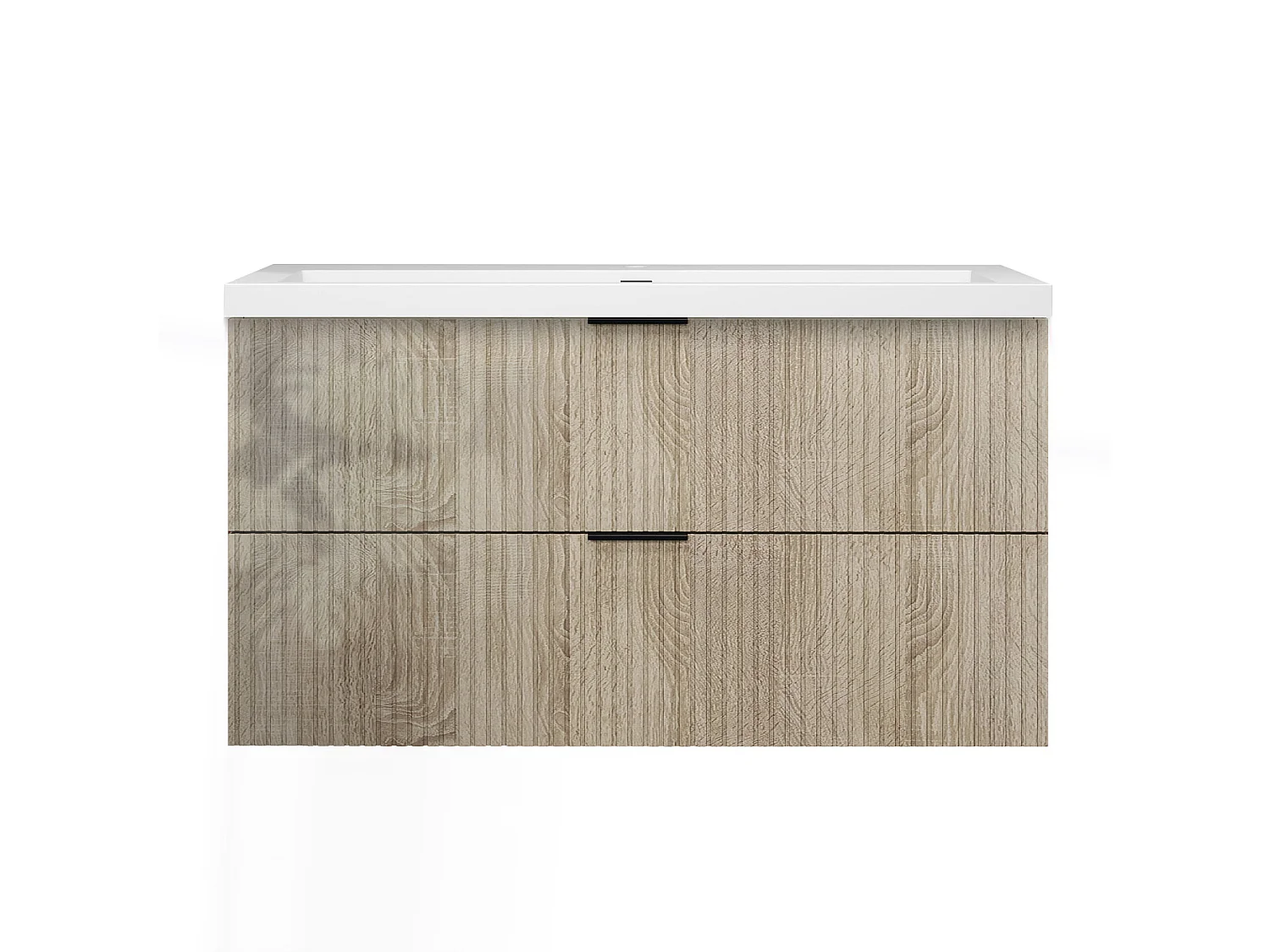 Meuble de salle de bain suspendu Strié Brillant 100cm avec simple lavabo + 2 tiroirs, Chêne