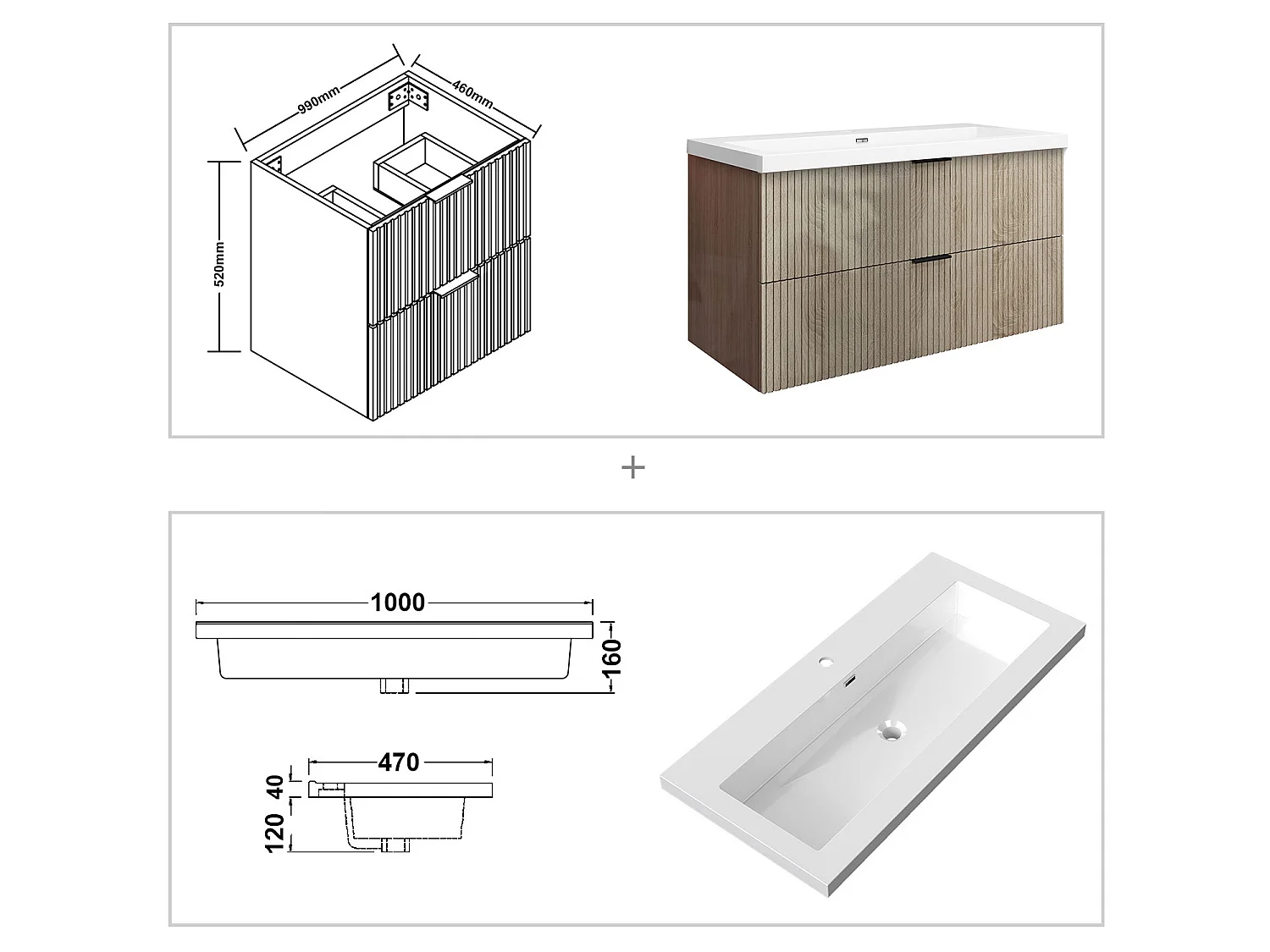 Meuble de salle de bain suspendu Strié Brillant 100cm avec simple lavabo + 2 tiroirs, Chêne