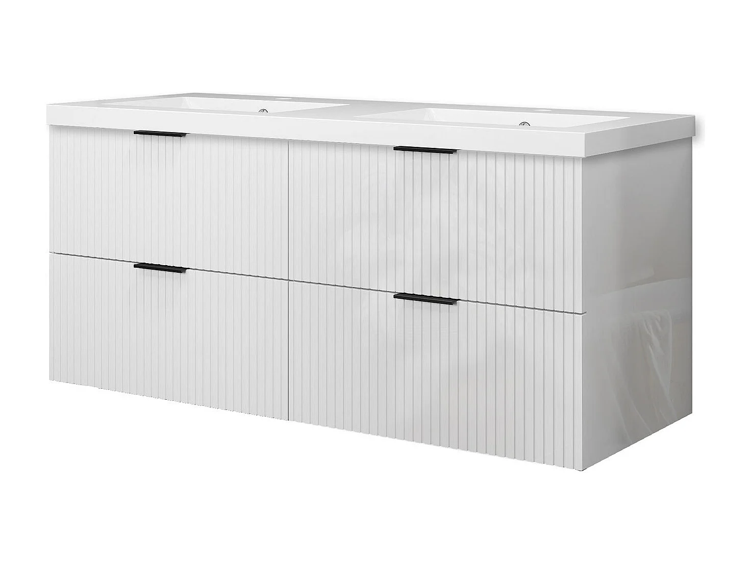 Meuble de salle de bain suspendu Strié Brillant 120cm avec simple vasque + 4 tiroirs, Blanc