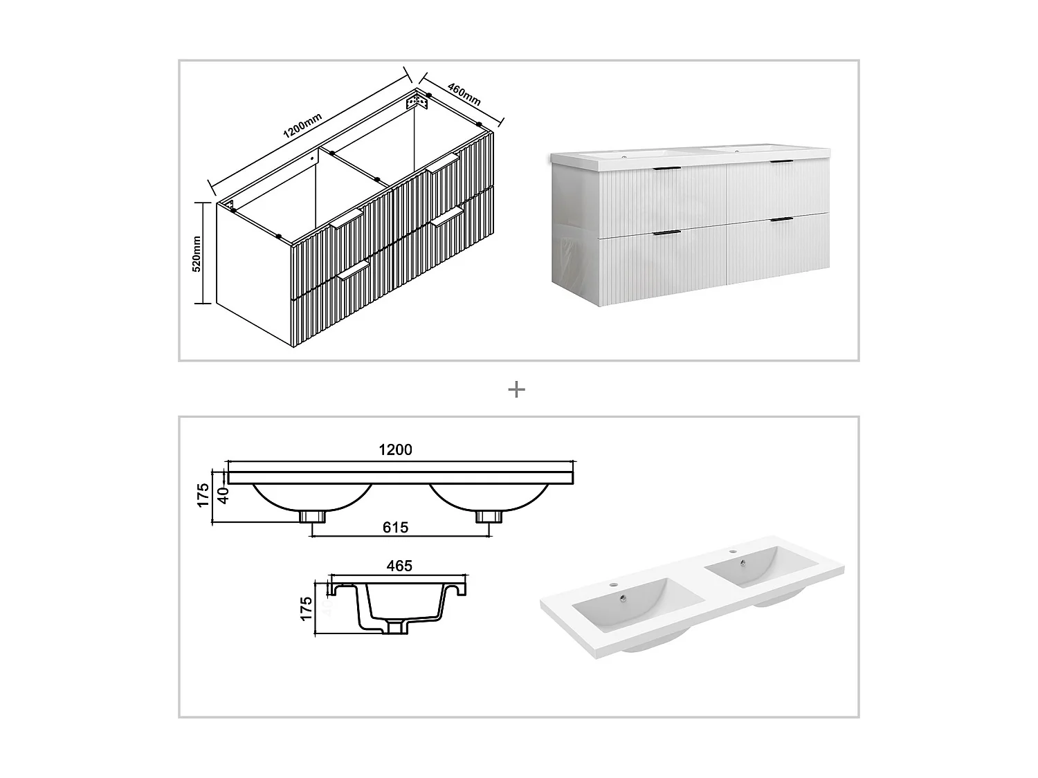 Meuble de salle de bain suspendu Strié Brillant 120cm avec simple vasque + 4 tiroirs, Blanc