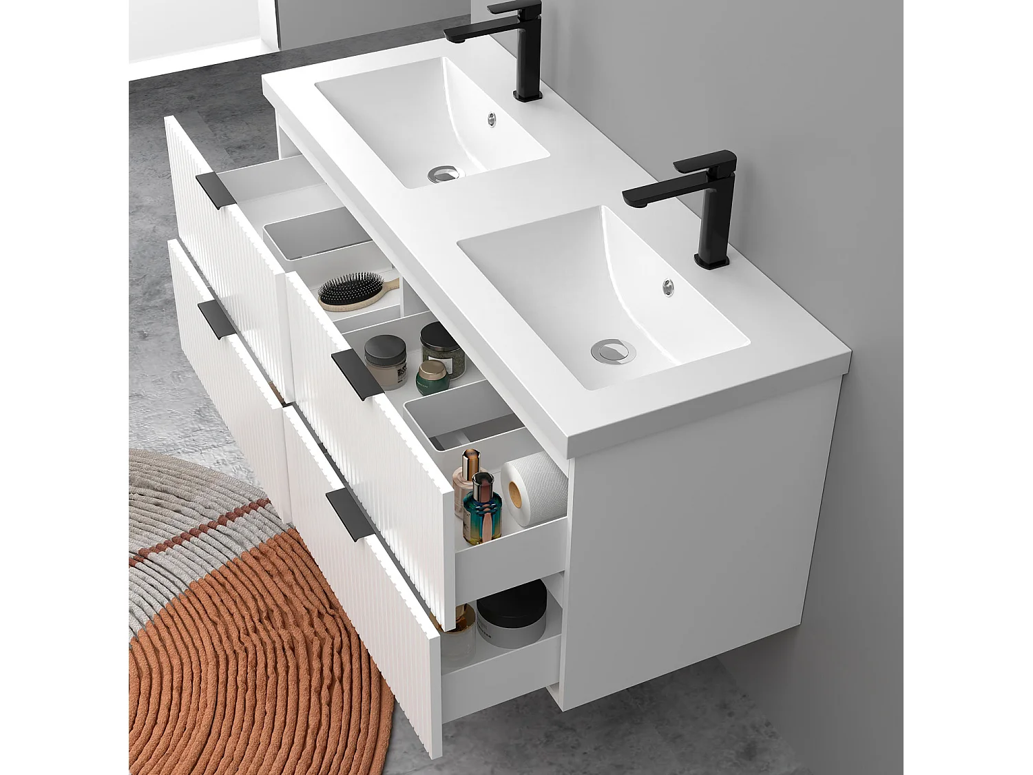 Meuble de salle de bain suspendu Strié Brillant 120cm avec simple vasque + 4 tiroirs, Blanc