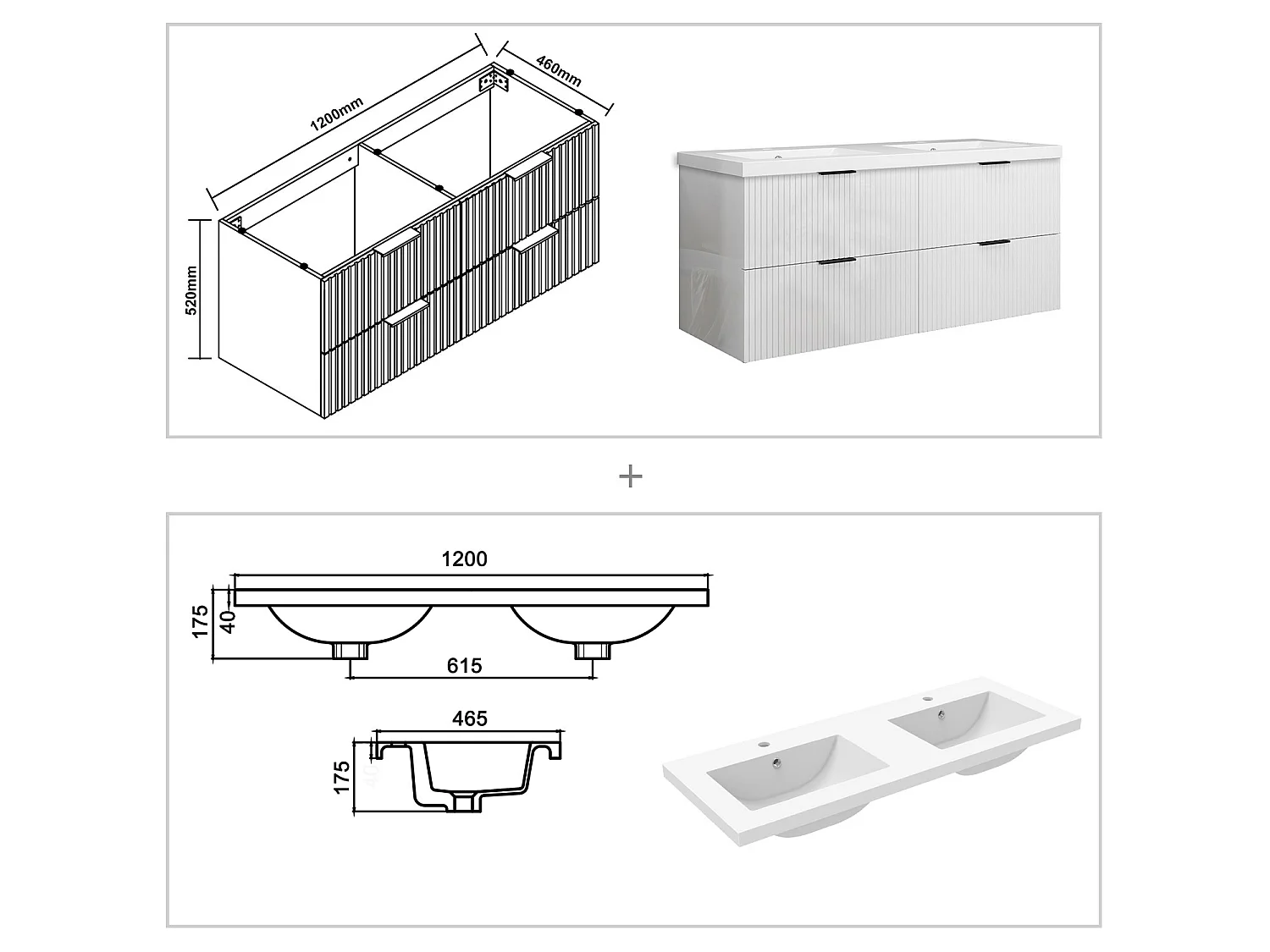 Meuble de salle de bain suspendu Strié Brillant 120cm avec simple vasque + 4 tiroirs, Blanc