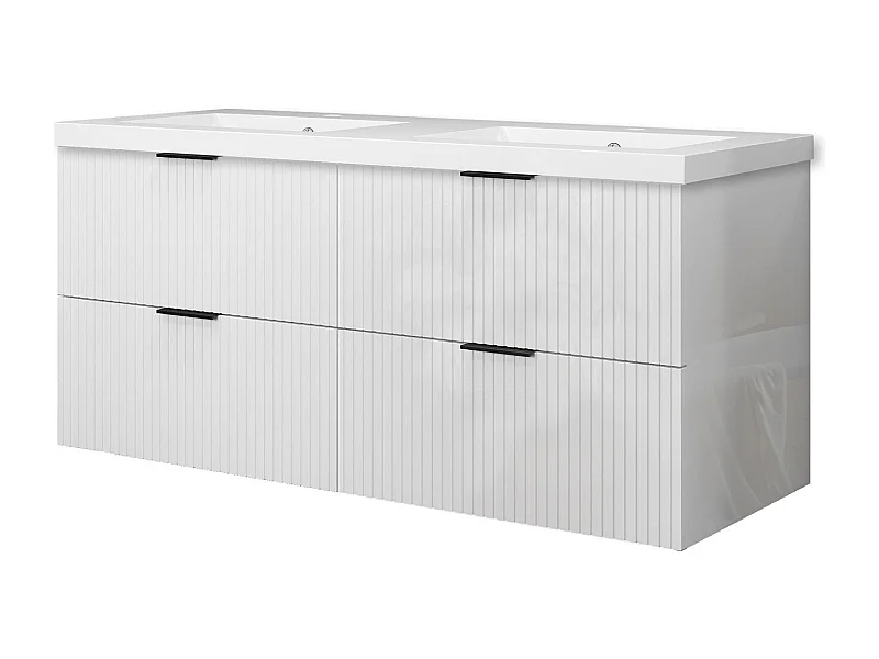 Meuble de salle de bain suspendu Strié Brillant 120cm avec simple vasque + 4 tiroirs, Blanc