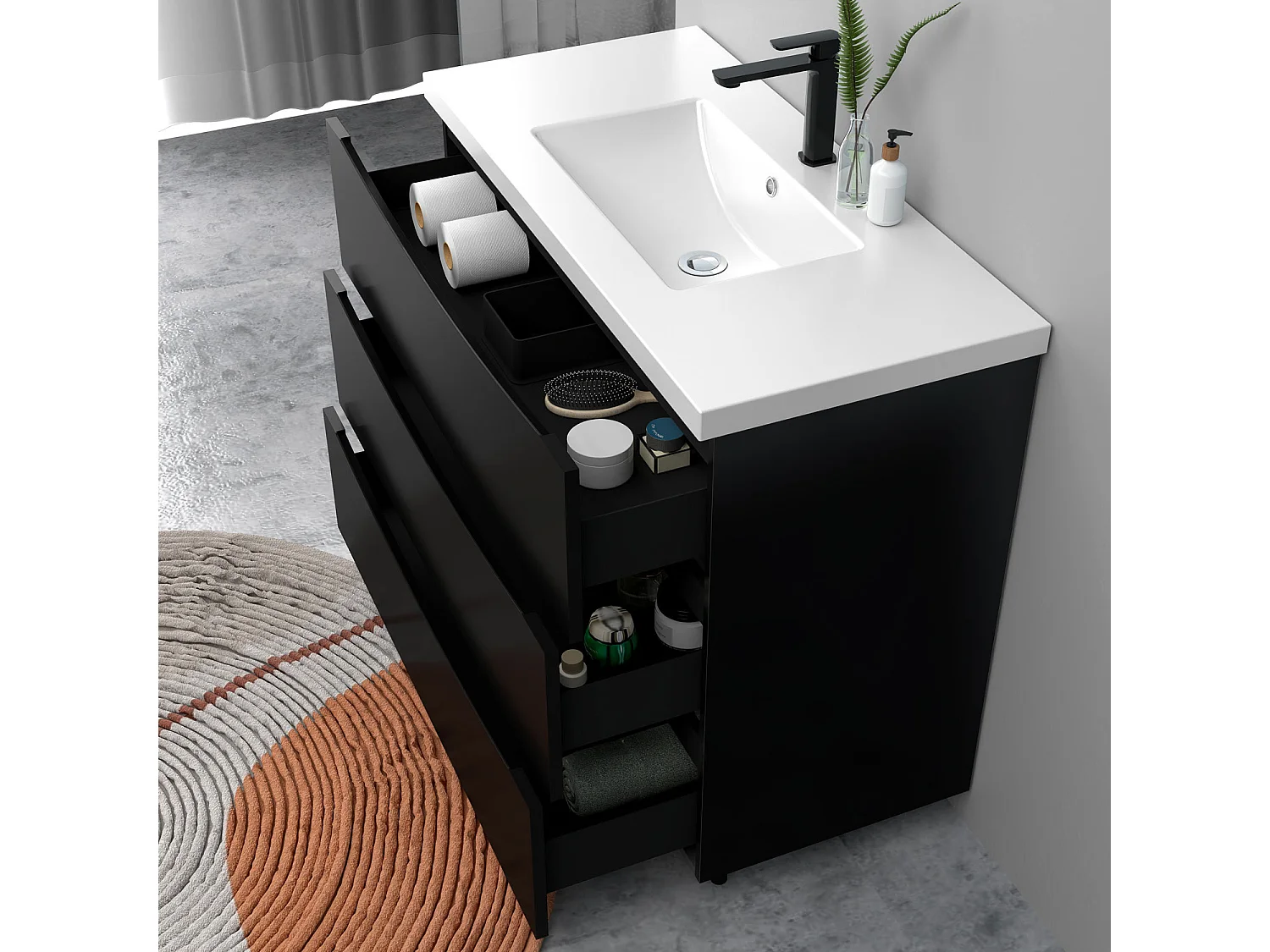 Meuble de salle de bain Brillant, Meuble de sol 100cm avec simple vasque + 3 tiroirs, Noir