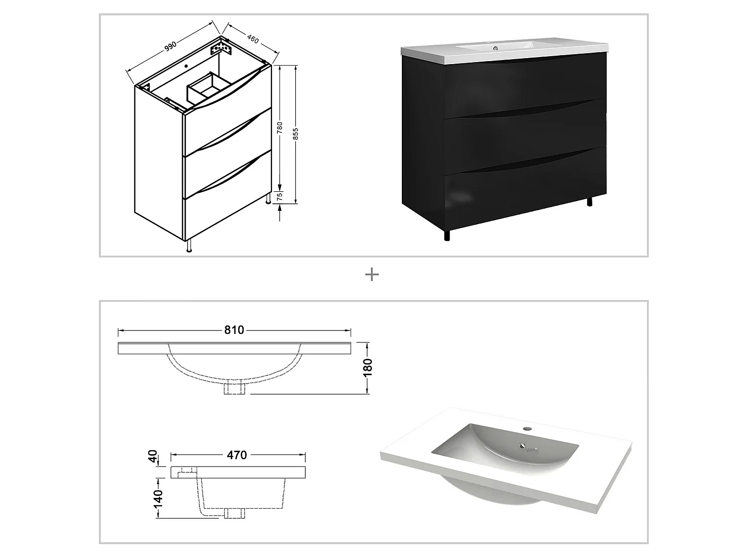 Meuble de salle de bain Brillant, Meuble de sol 100cm avec simple vasque + 3 tiroirs, Noir