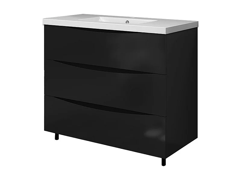Meuble de salle de bain Brillant, Meuble de sol 100cm avec simple vasque + 3 tiroirs, Noir