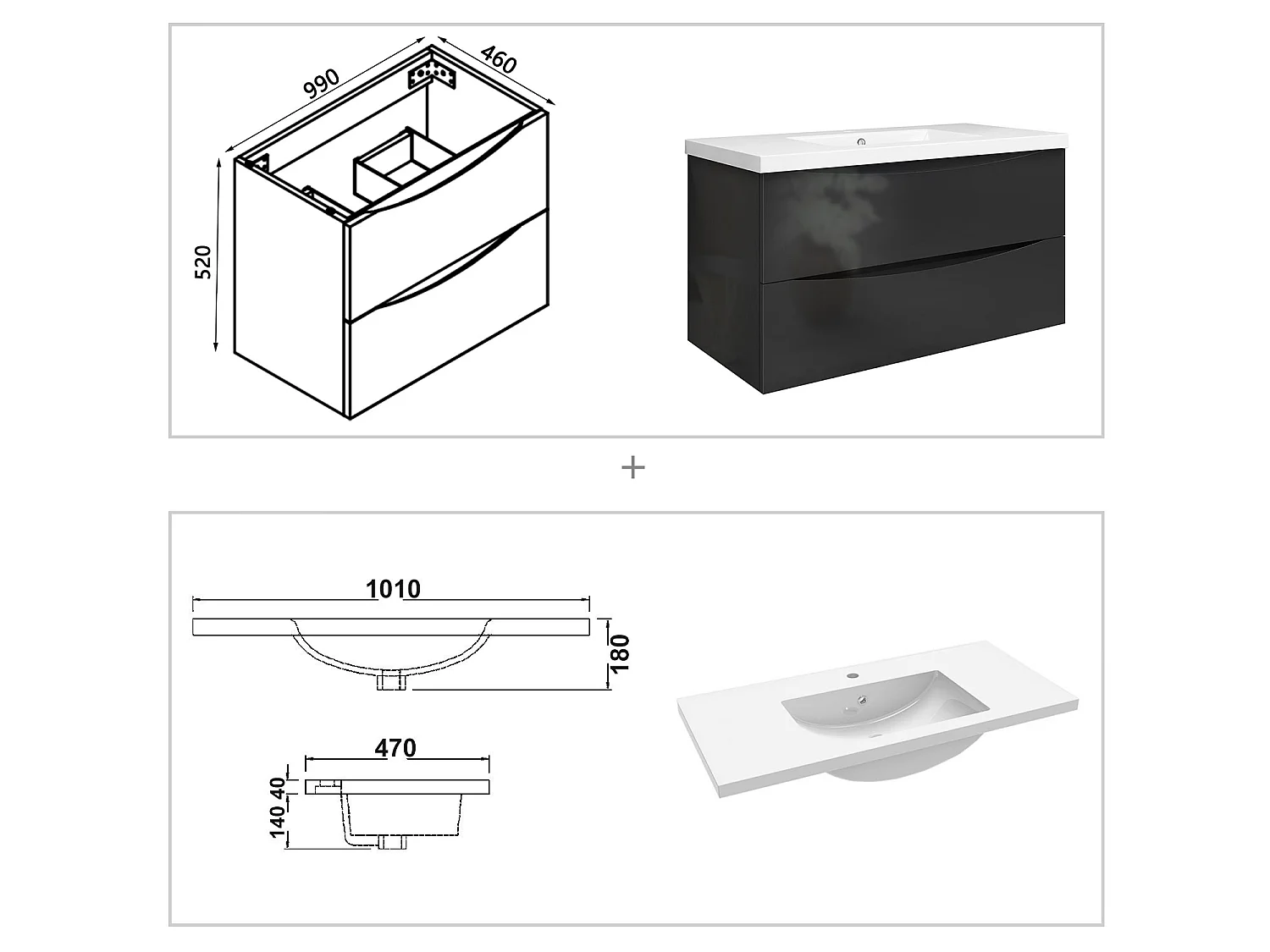 Meuble de salle de bain suspendu Brillant 100cm avec simple vasque + 2 tiroirs, Anthracite