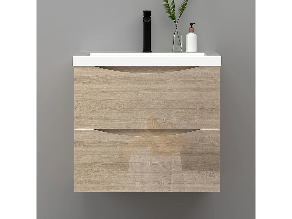 Meuble de salle de bain suspendu Brillant 60cm avec simple vasque + 2 tiroirs, Chêne