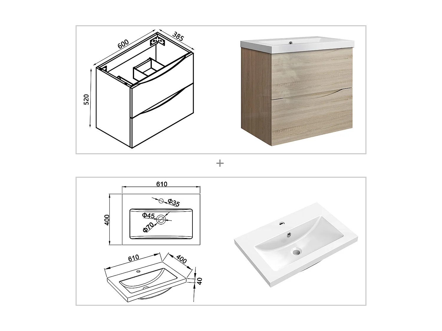 Meuble de salle de bain suspendu Brillant 60cm avec simple vasque + 2 tiroirs, Chêne