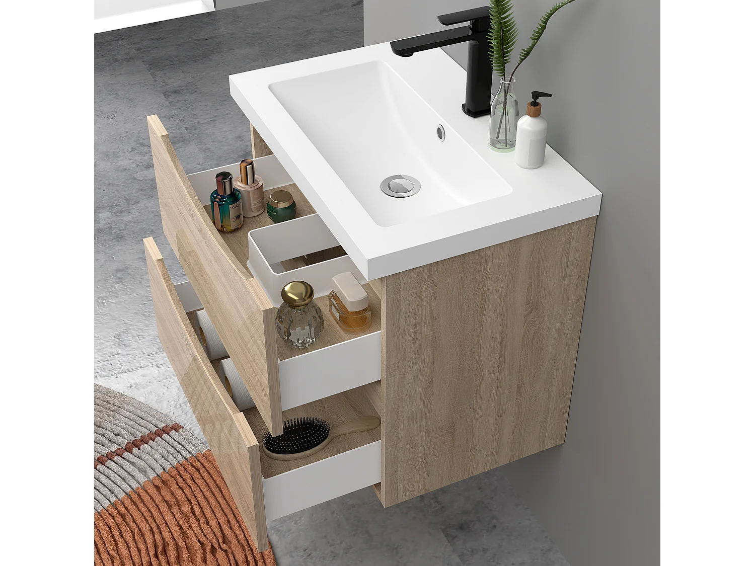 Meuble de salle de bain suspendu Brillant 60cm avec simple vasque + 2 tiroirs, Chêne