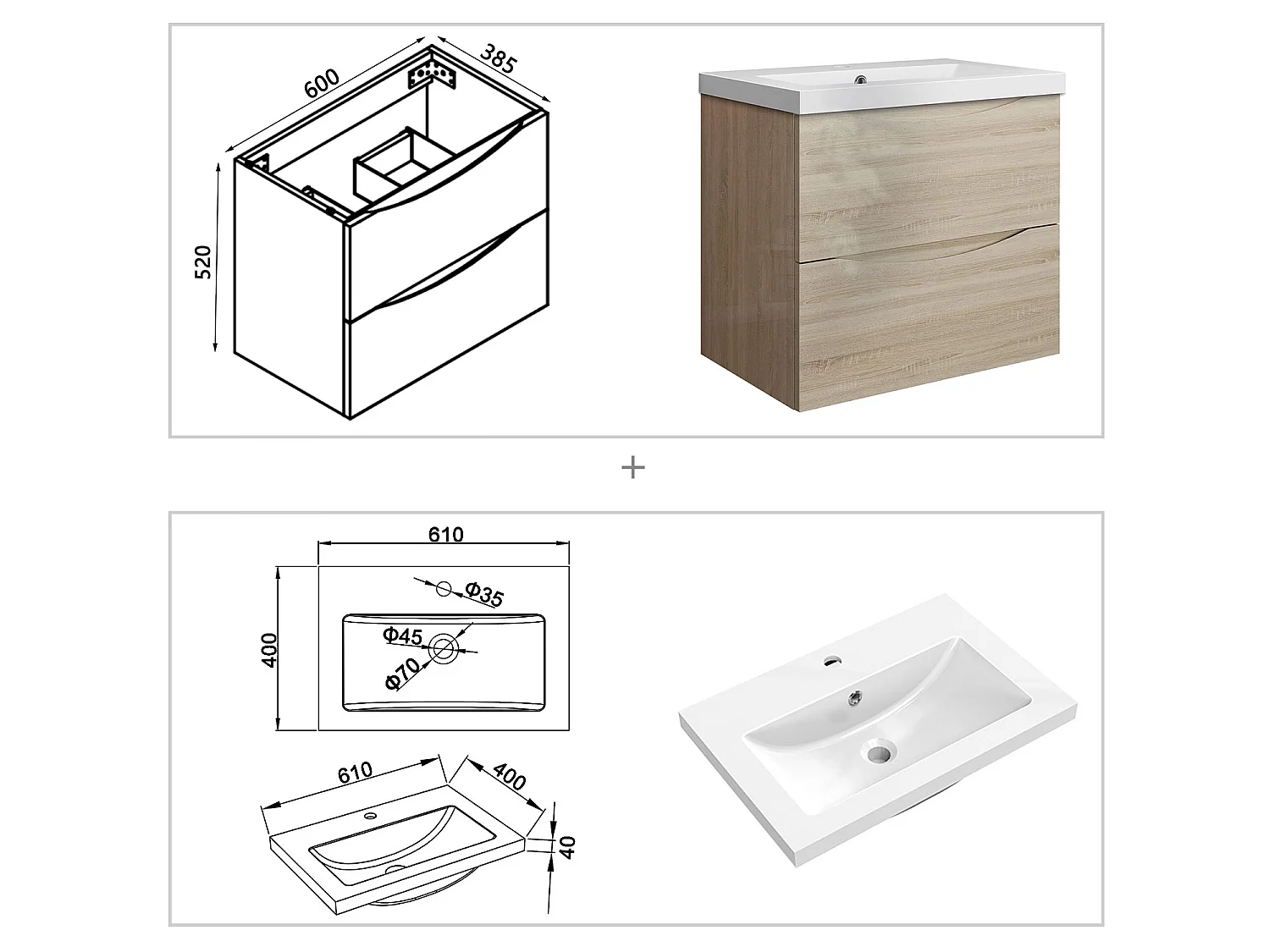 Meuble de salle de bain suspendu Brillant 60cm avec simple vasque + 2 tiroirs, Chêne