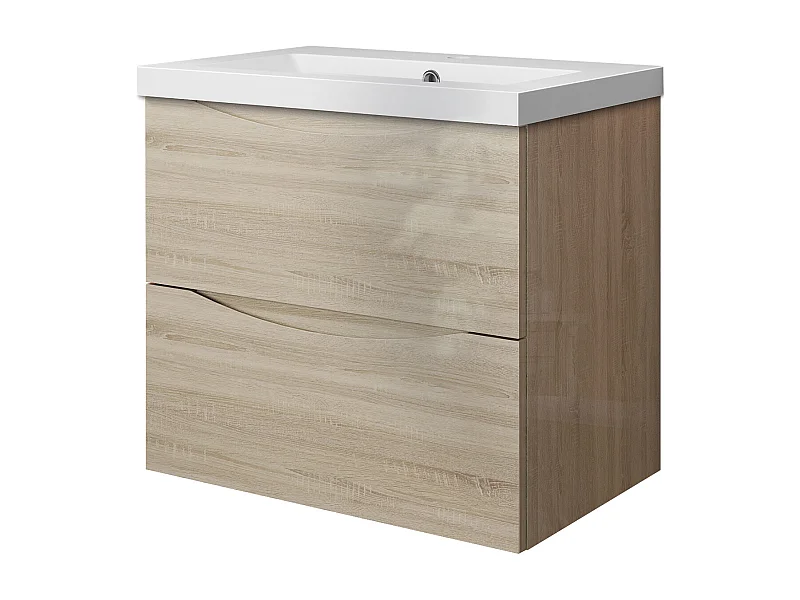 Meuble de salle de bain suspendu Brillant 60cm avec simple vasque + 2 tiroirs, Chêne