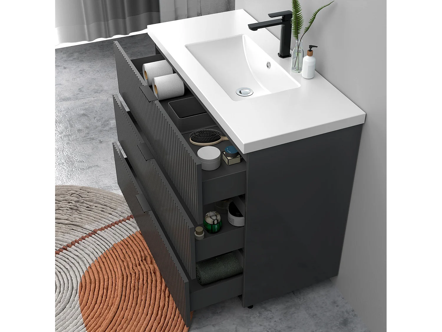 Meuble de salle de bain Strié Brillant, Meuble de sol 80cm avec simple vasque + 3 tiroirs, Anthracite
