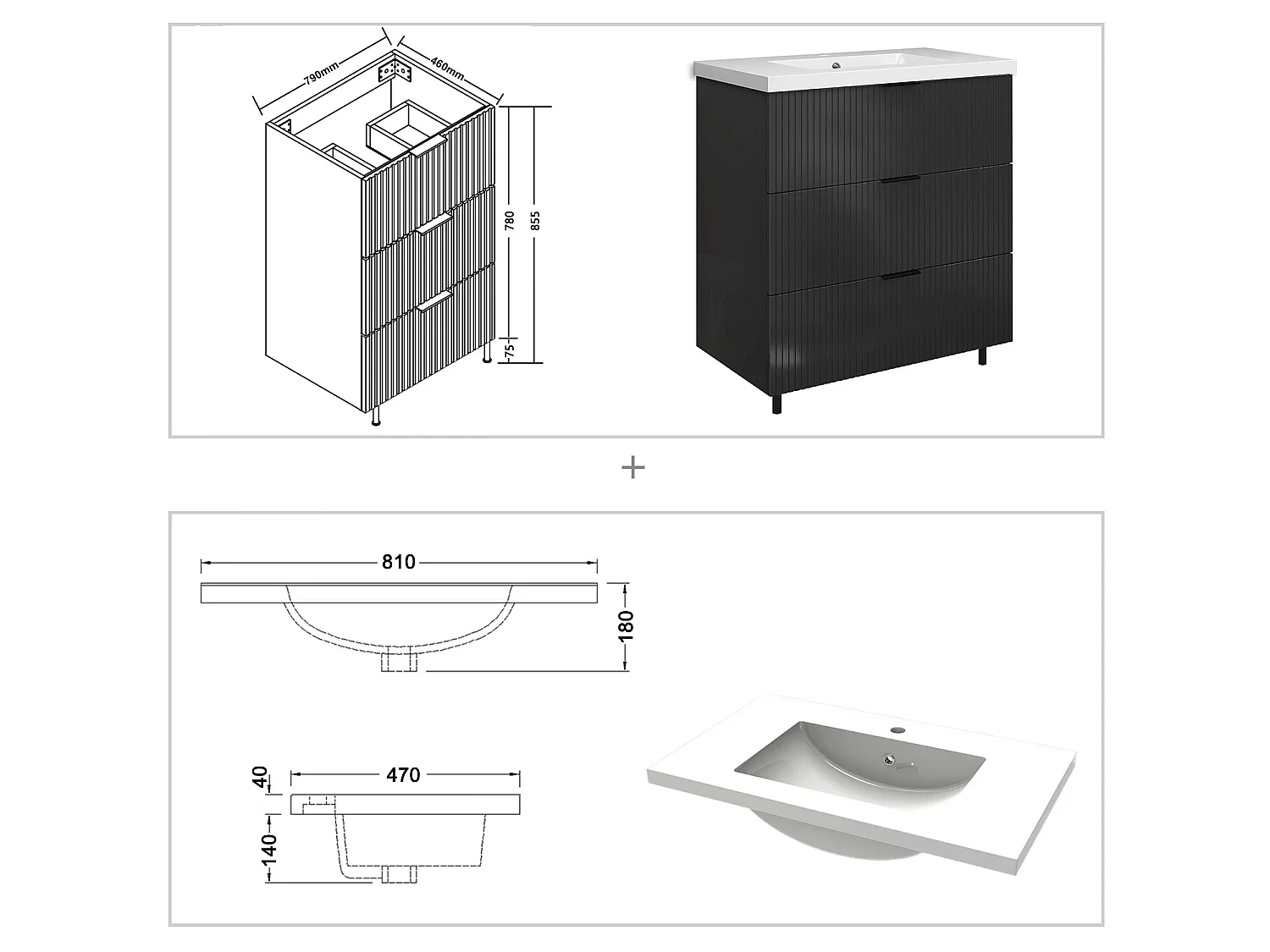 Meuble de salle de bain Strié Brillant, Meuble de sol 80cm avec simple vasque + 3 tiroirs, Anthracite