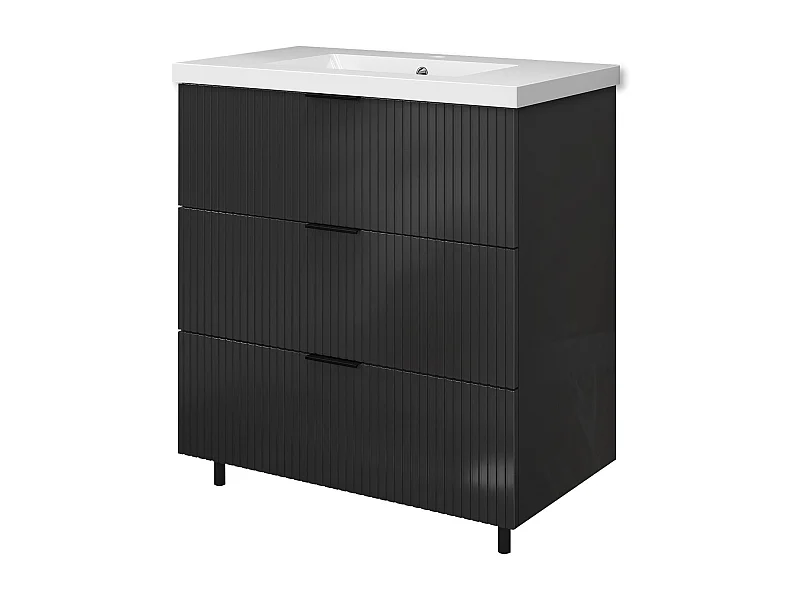 Meuble de salle de bain Strié Brillant, Meuble de sol 80cm avec simple vasque + 3 tiroirs, Anthracite