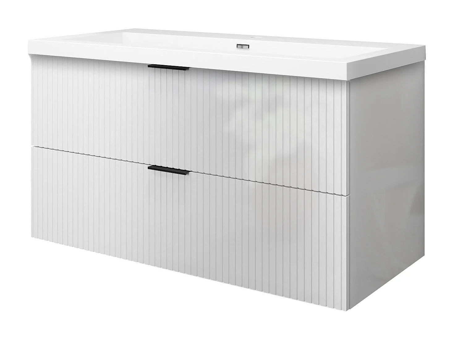 Meuble de salle de bain suspendu Strié Brillant 100cm avec simple lavabo + 2 tiroirs, Blanc
