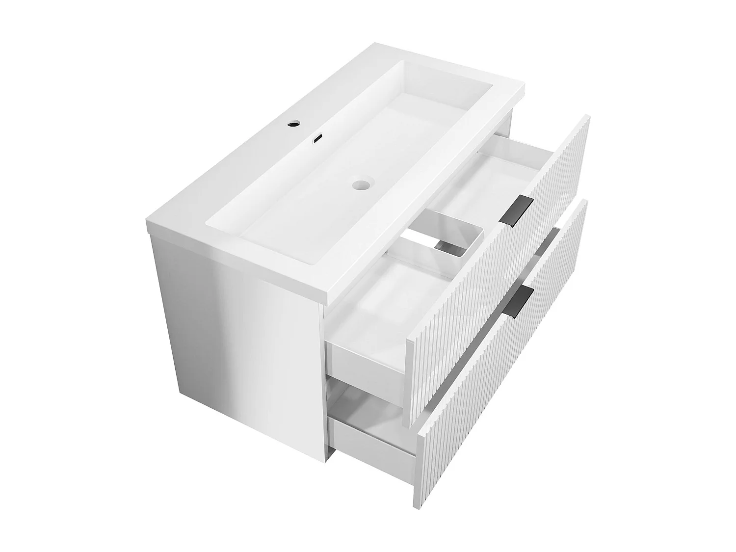 Meuble de salle de bain suspendu Strié Brillant 100cm avec simple lavabo + 2 tiroirs, Blanc