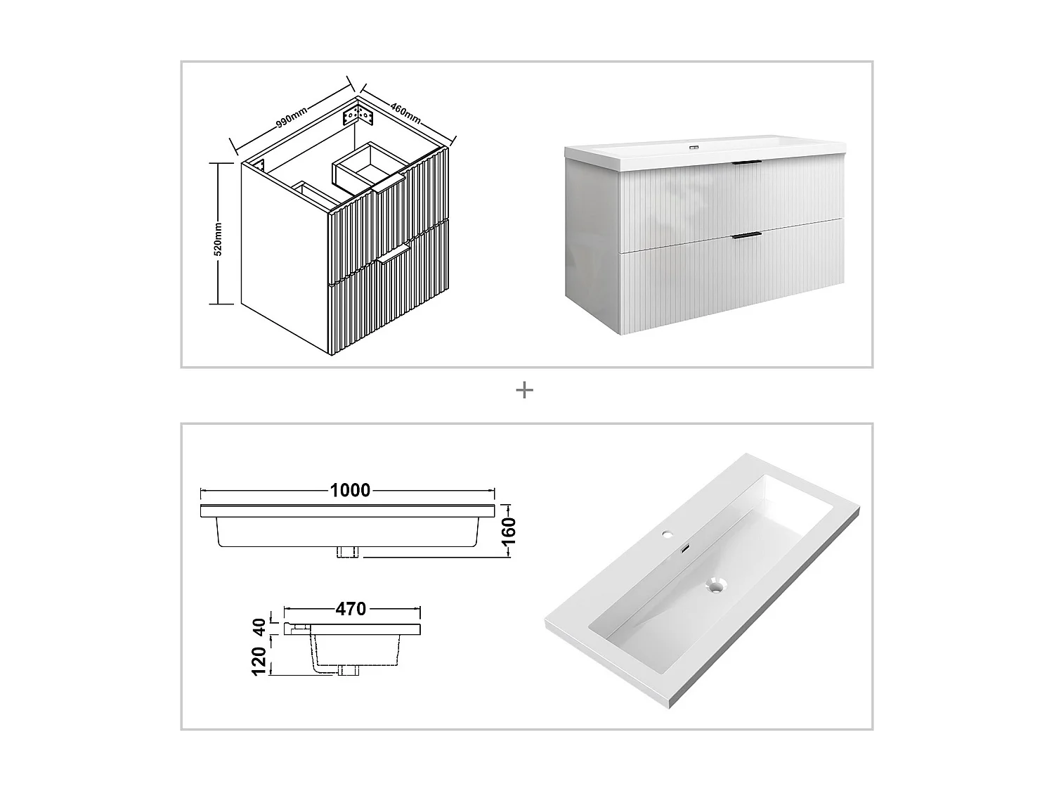 Meuble de salle de bain suspendu Strié Brillant 100cm avec simple lavabo + 2 tiroirs, Blanc