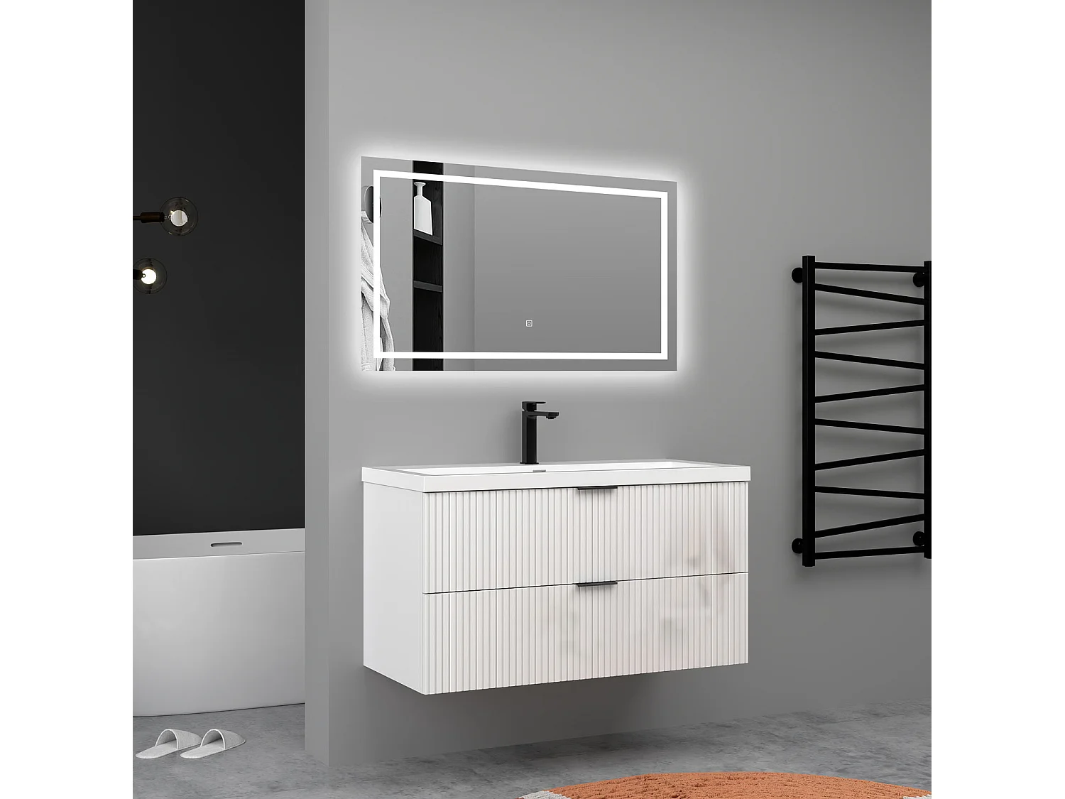 Meuble de salle de bain suspendu Strié Brillant 100cm avec simple lavabo + 2 tiroirs, Blanc