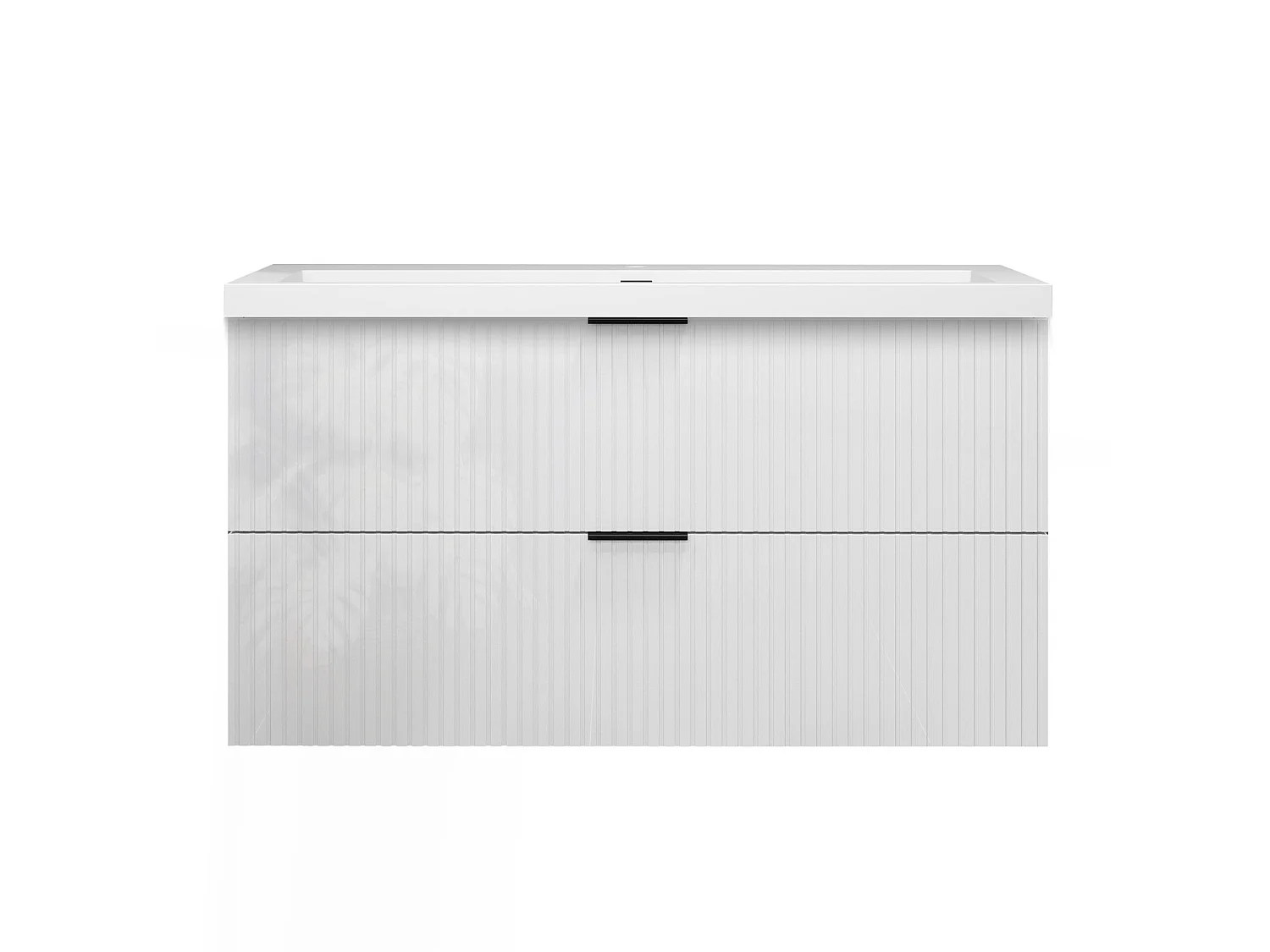 Meuble de salle de bain suspendu Strié Brillant 100cm avec simple lavabo + 2 tiroirs, Blanc