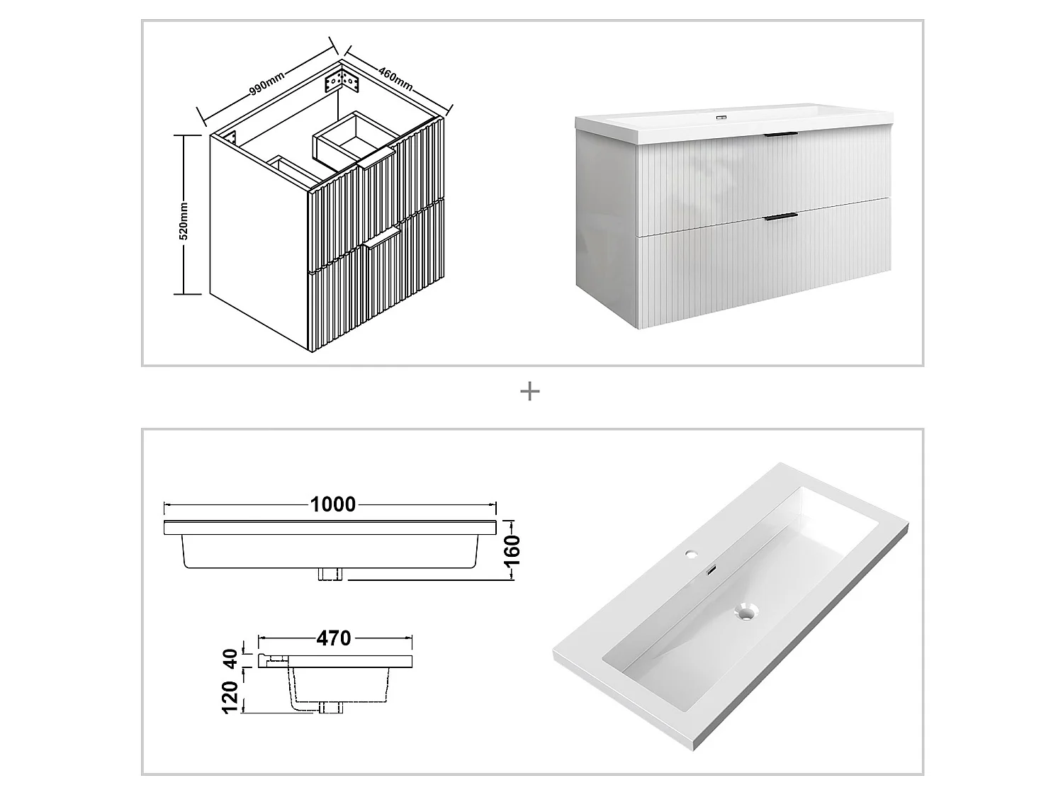 Meuble de salle de bain suspendu Strié Brillant 100cm avec simple lavabo + 2 tiroirs, Blanc