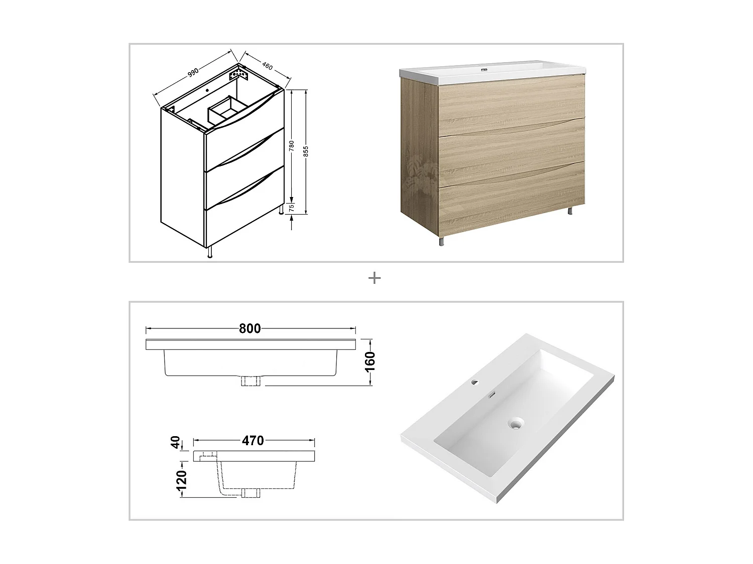 Meuble de salle de bain Brillant, Meuble de sol 100cm avec simple lavabo + 3 tiroirs, Chêne